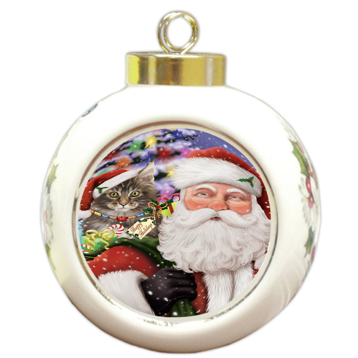 Santa Carrying Maine Coon Cat and Christmas Presents Round Ball Christmas Ornament RBPOR53694