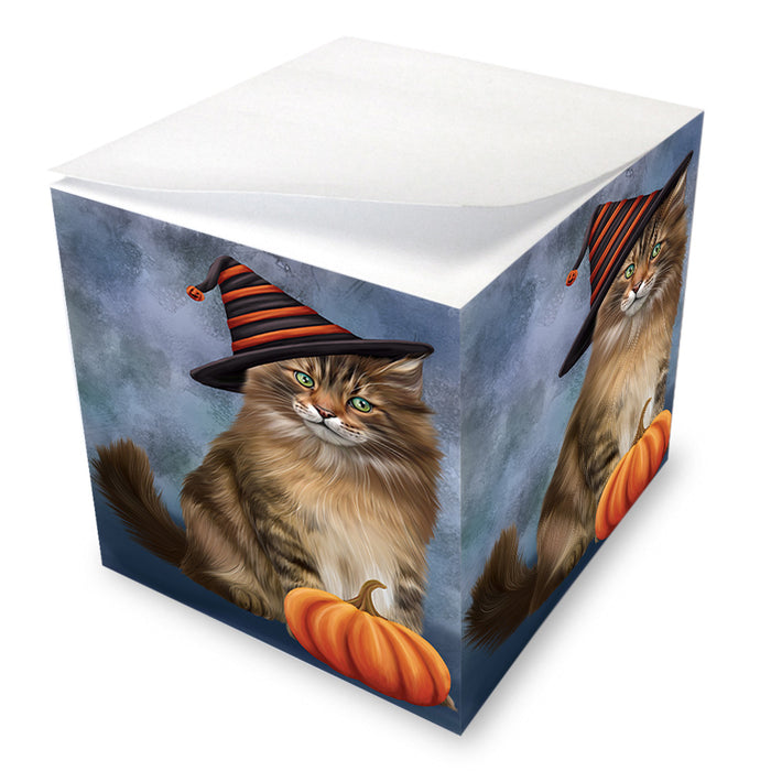 Happy Halloween Maine Coon Cat Wearing Witch Hat with Pumpkin Note Cube NOC56382