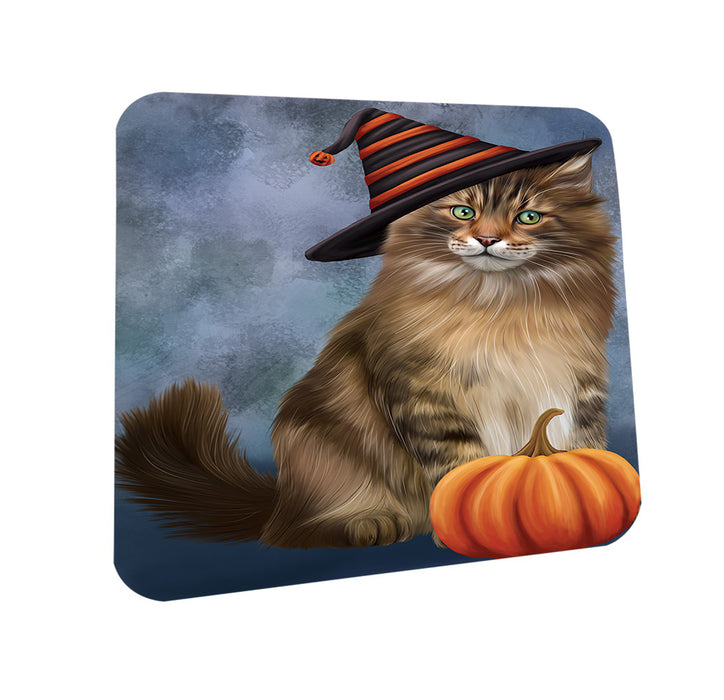 Happy Halloween Maine Coon Cat Wearing Witch Hat with Pumpkin Coasters Set of 4 CST54694