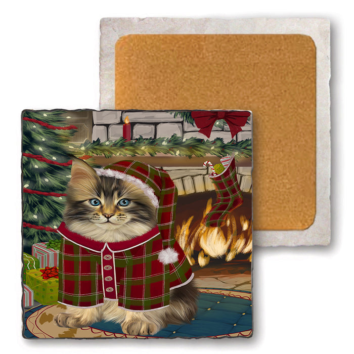 The Stocking was Hung Maine Coon Cat Set of 4 Natural Stone Marble Tile Coasters MCST50356