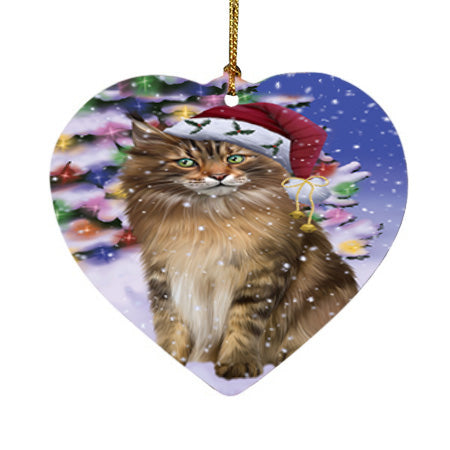 Winterland Wonderland Maine Coon Cat In Christmas Holiday Scenic Background Heart Christmas Ornament HPOR53766