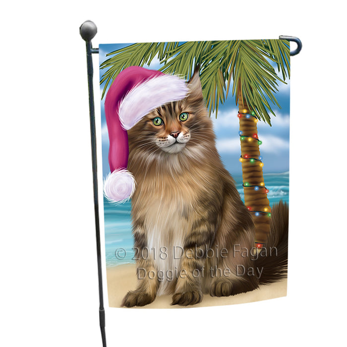 Summertime Happy Holidays Christmas Maine Coon Cat on Tropical Island Beach Garden Flag GFLG54630