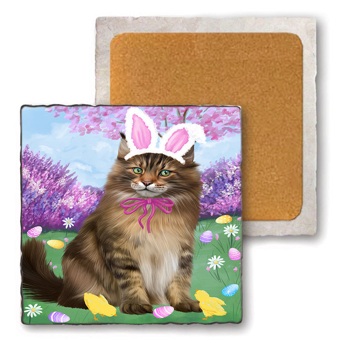 Easter Holiday Maine Coon Cat Set of 4 Natural Stone Marble Tile Coasters MCST51916