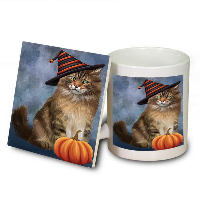Happy Halloween Maine Coon Cat Wearing Witch Hat with Pumpkin Mug and Coaster Set MUC54728