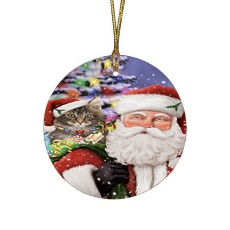 Santa Carrying Maine Coon Cat and Christmas Presents Round Flat Christmas Ornament RFPOR53685