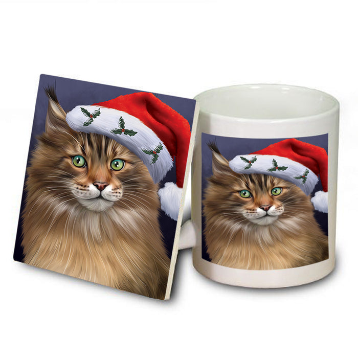 Christmas Holidays Maine Coon Cat Wearing Santa Hat Portrait Head Mug and Coaster Set MUC53493