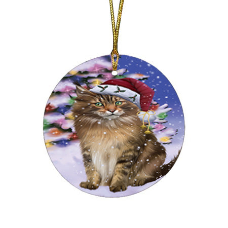 Winterland Wonderland Maine Coon Cat In Christmas Holiday Scenic Background Round Flat Christmas Ornament RFPOR53757