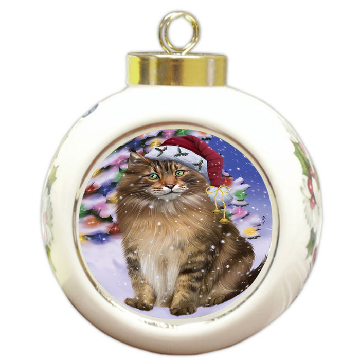 Winterland Wonderland Maine Coon Cat In Christmas Holiday Scenic Background Round Ball Christmas Ornament RBPOR53766