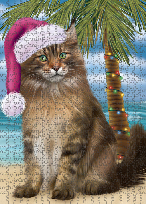 Summertime Happy Holidays Christmas Maine Coon Cat on Tropical Island Beach Puzzle with Photo Tin PUZL85428
