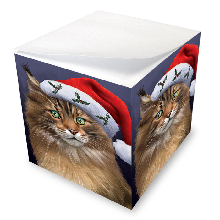 Christmas Holidays Maine Coon Cat Wearing Santa Hat Portrait Head Note Cube NOC55147