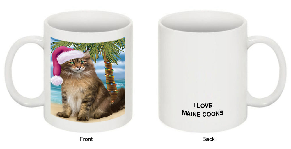 Summertime Happy Holidays Christmas Maine Coon Cat on Tropical Island Beach Coffee Mug MUG49838