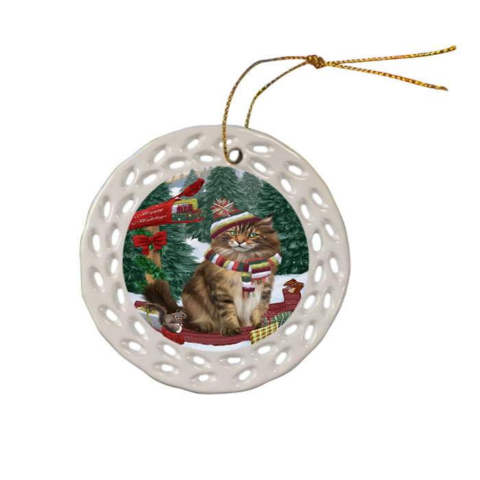 Merry Christmas Woodland Sled Maine Coon Cat Ceramic Doily Ornament DPOR55324