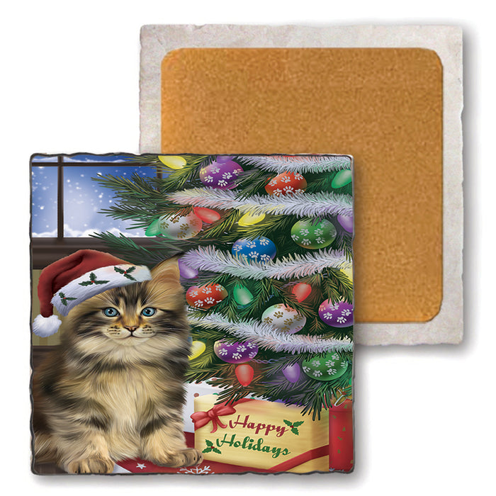 Christmas Happy Holidays Maine Coon Cat with Tree and Presents Set of 4 Natural Stone Marble Tile Coasters MCST48463