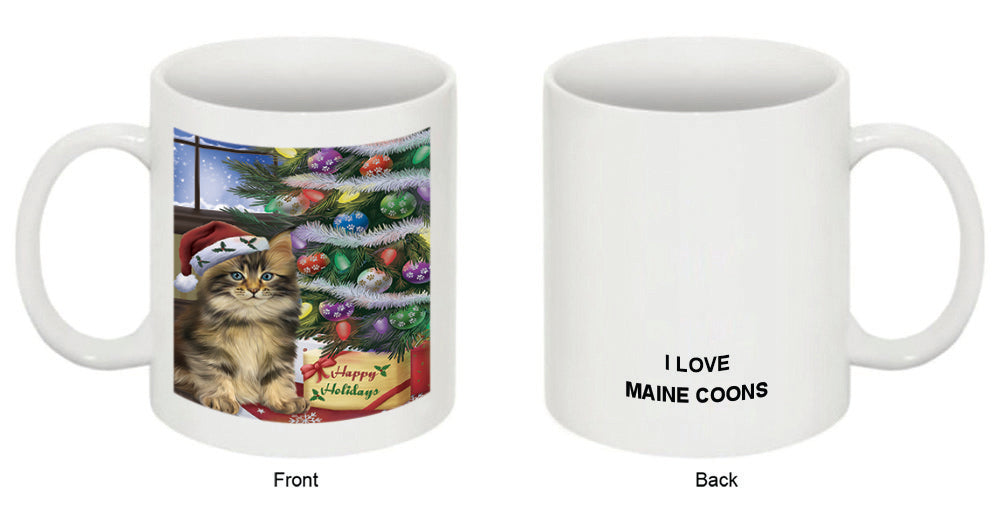 Christmas Happy Holidays Maine Coon Cat with Tree and Presents Coffee Mug MUG48861