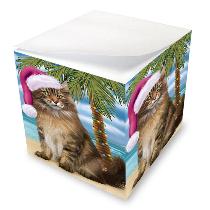 Summertime Happy Holidays Christmas Maine Coon Cat on Tropical Island Beach Note Cube NOC56086