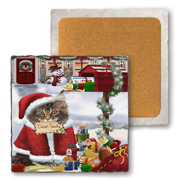 Maine Coon Cat Dear Santa Letter Christmas Holiday Mailbox Set of 4 Natural Stone Marble Tile Coasters MCST48544