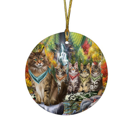 Scenic Waterfall Maine Coons Cat Round Flat Christmas Ornament RFPOR51905