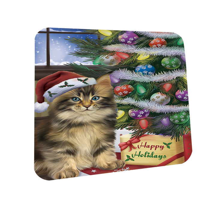 Christmas Happy Holidays Maine Coon Cat with Tree and Presents Coasters Set of 4 CST53421