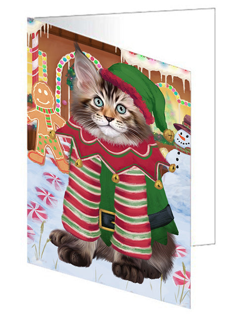 Christmas Gingerbread House Candyfest Maine Coon Cat Handmade Artwork Assorted Pets Greeting Cards and Note Cards with Envelopes for All Occasions and Holiday Seasons GCD73853