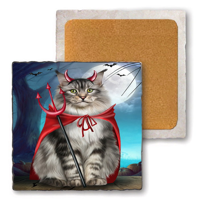 Happy Halloween Trick or Treat Maine Coon Cat Set of 4 Natural Stone Marble Tile Coasters MCST49504
