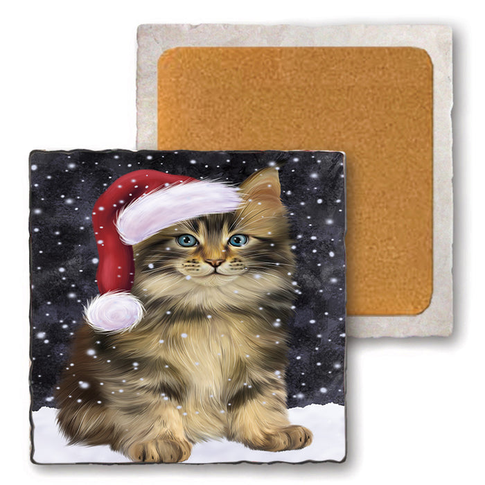 Let it Snow Christmas Holiday Maine Coon Cat Wearing Santa Hat Set of 4 Natural Stone Marble Tile Coasters MCST49309