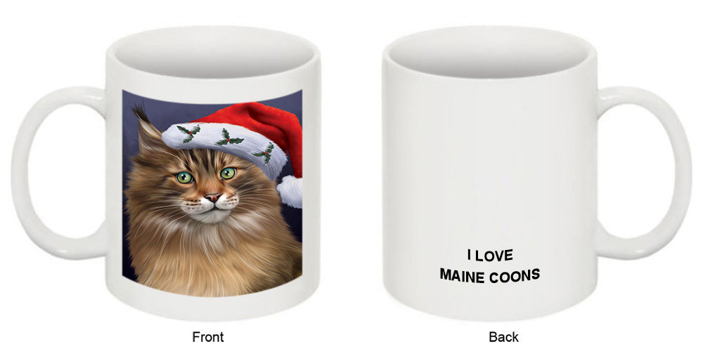 Christmas Holidays Maine Coon Cat Wearing Santa Hat Portrait Head Coffee Mug MUG48899