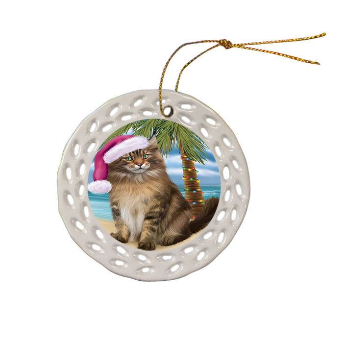 Summertime Happy Holidays Christmas Maine Coon Cat on Tropical Island Beach Ceramic Doily Ornament DPOR54568