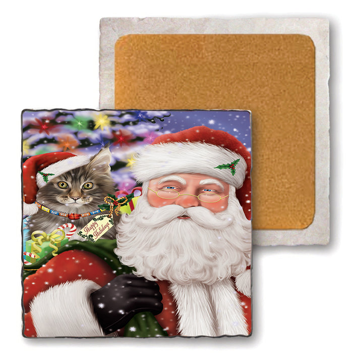 Santa Carrying Maine Coon Cat and Christmas Presents Set of 4 Natural Stone Marble Tile Coasters MCST48694