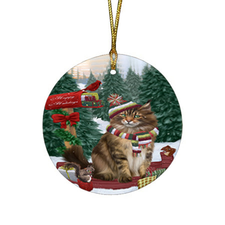Merry Christmas Woodland Sled Maine Coon Cat Round Flat Christmas Ornament RFPOR55324