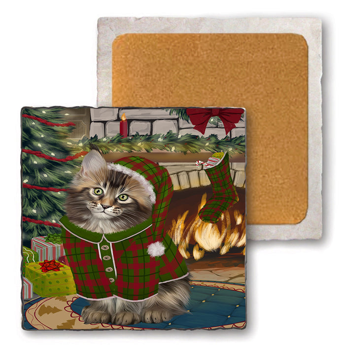 The Stocking was Hung Maine Coon Cat Set of 4 Natural Stone Marble Tile Coasters MCST50357
