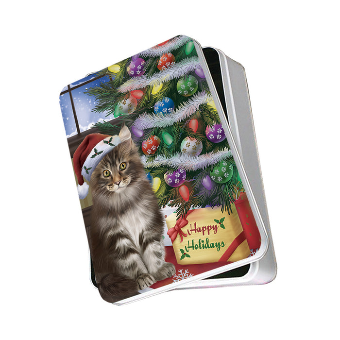 Christmas Happy Holidays Maine Coon Cat with Tree and Presents Photo Storage Tin PITN53464