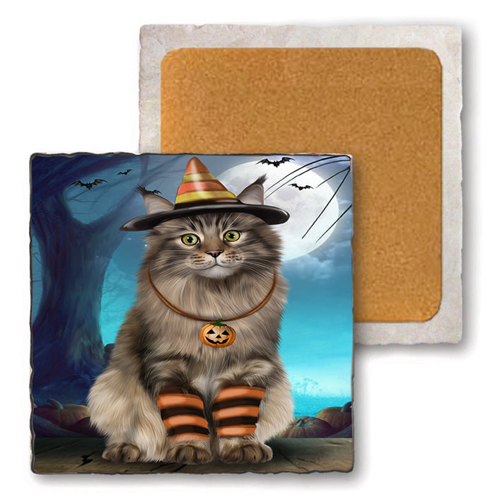 Happy Halloween Trick or Treat Maine Coon Cat Set of 4 Natural Stone Marble Tile Coasters MCST49505