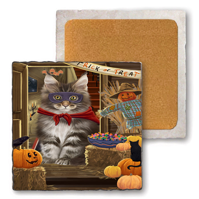Enter at Own Risk Trick or Treat Halloween Maine Coon Cat Set of 4 Natural Stone Marble Tile Coasters MCST48185