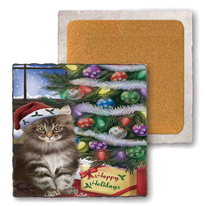 Christmas Happy Holidays Maine Coon Cat with Tree and Presents Set of 4 Natural Stone Marble Tile Coasters MCST48464