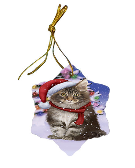 Winterland Wonderland Maine Coon Cat In Christmas Holiday Scenic Background Star Porcelain Ornament SPOR53758