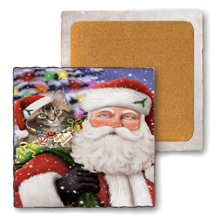Santa Carrying Maine Coon Cat and Christmas Presents Set of 4 Natural Stone Marble Tile Coasters MCST48695