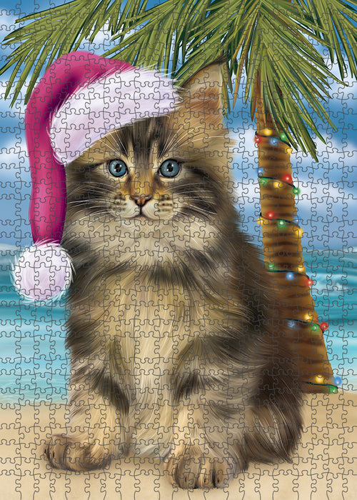 Summertime Happy Holidays Christmas Maine Coon Cat on Tropical Island Beach Puzzle with Photo Tin PUZL85432