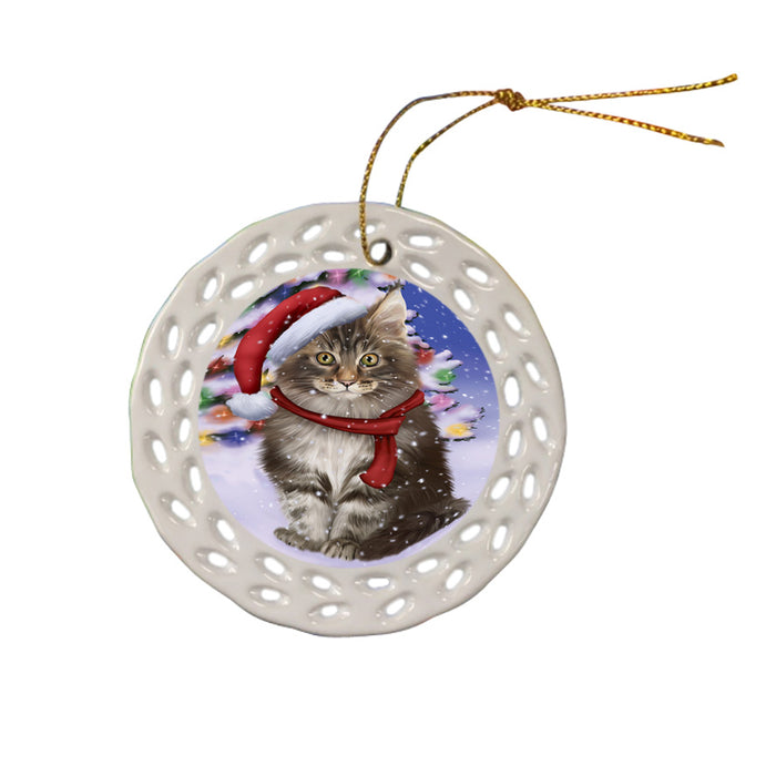 Winterland Wonderland Maine Coon Cat In Christmas Holiday Scenic Background Ceramic Doily Ornament DPOR53767