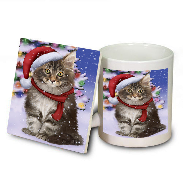 Winterland Wonderland Maine Coon Cat In Christmas Holiday Scenic Background Mug and Coaster Set MUC53759