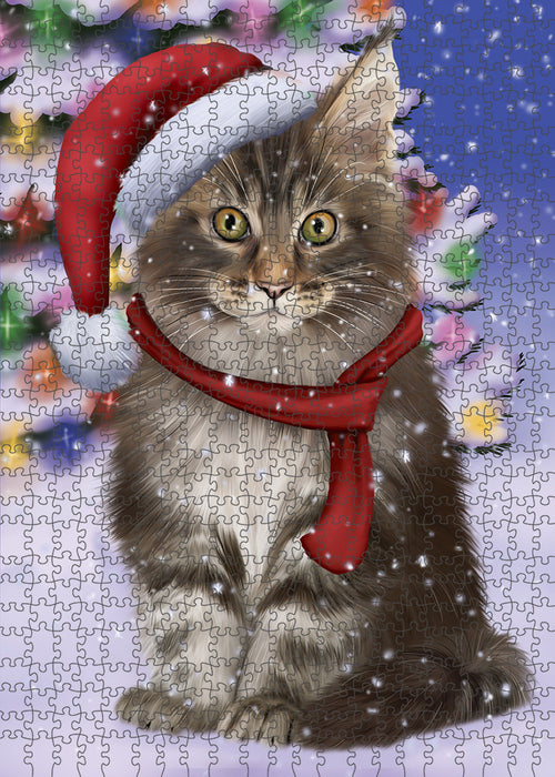 Winterland Wonderland Maine Coon Cat In Christmas Holiday Scenic Background Puzzle with Photo Tin PUZL82224