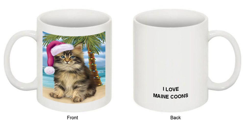 Summertime Happy Holidays Christmas Maine Coon Cat on Tropical Island Beach Coffee Mug MUG49839