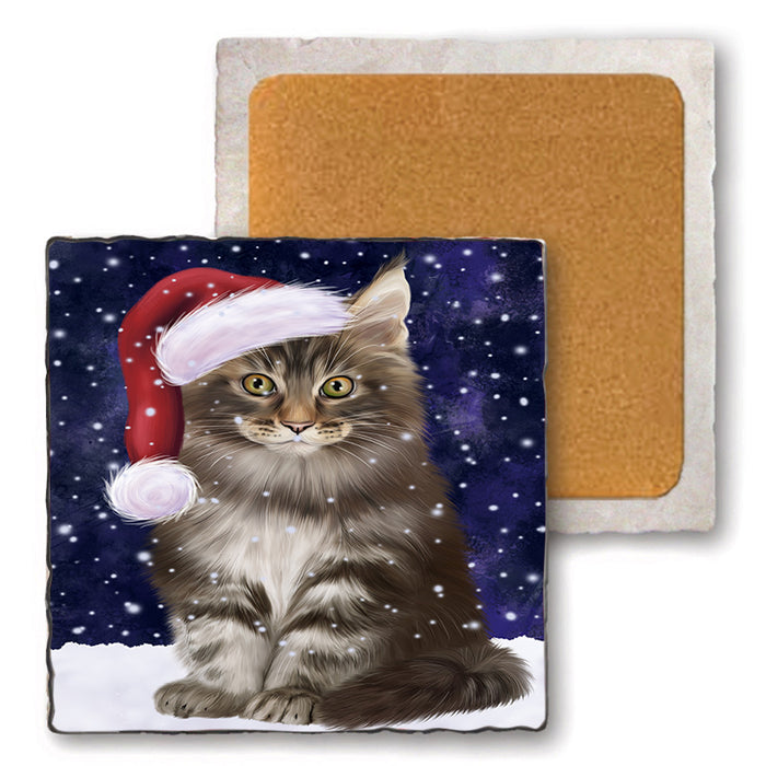 Let it Snow Christmas Holiday Maine Coon Cat Wearing Santa Hat Set of 4 Natural Stone Marble Tile Coasters MCST49310