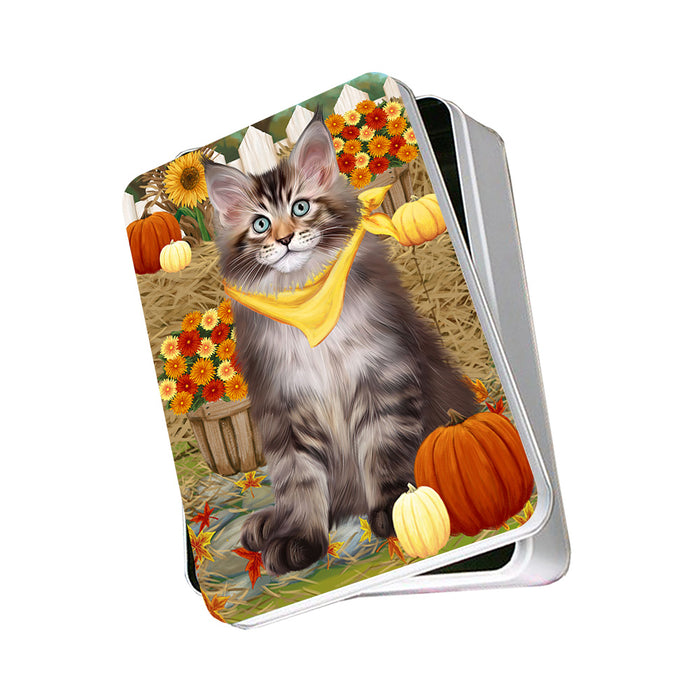 Fall Autumn Greeting Maine Coon Cat with Pumpkins Photo Storage Tin PITN52339