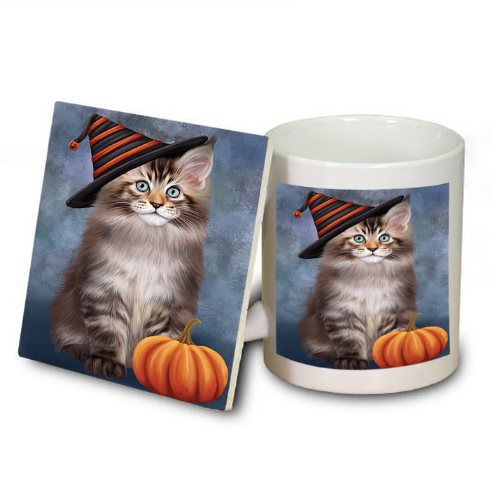 Happy Halloween Maine Coon Cat Wearing Witch Hat with Pumpkin Mug and Coaster Set MUC54729