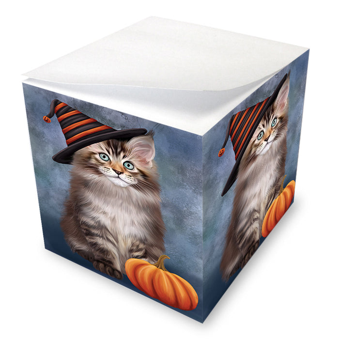 Happy Halloween Maine Coon Cat Wearing Witch Hat with Pumpkin Note Cube NOC56383