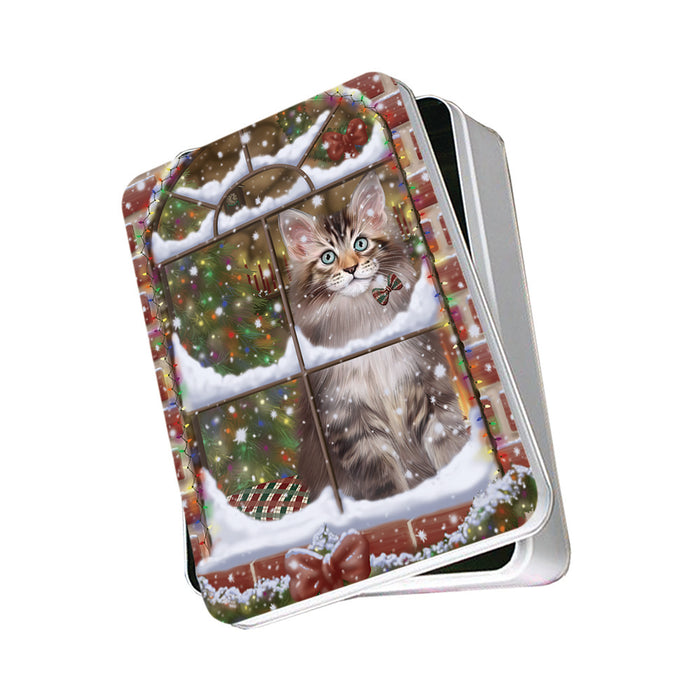 Please Come Home For Christmas Maine Coon Cat Sitting In Window Photo Storage Tin PITN57552