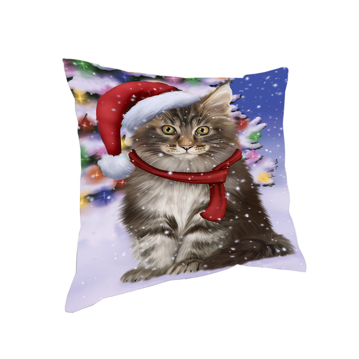 Winterland Wonderland Maine Coon Cat In Christmas Holiday Scenic Background Pillow PIL71692
