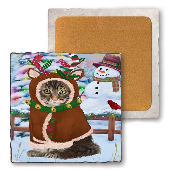 Christmas Gingerbread House Candyfest Maine Coon Cat Set of 4 Natural Stone Marble Tile Coasters MCST51447