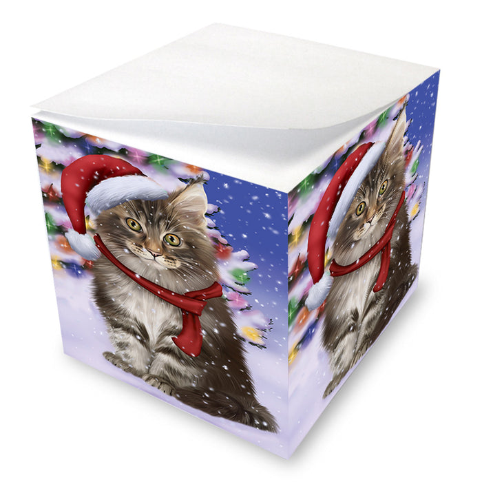 Winterland Wonderland Maine Coon Cat In Christmas Holiday Scenic Background Note Cube NOC55413