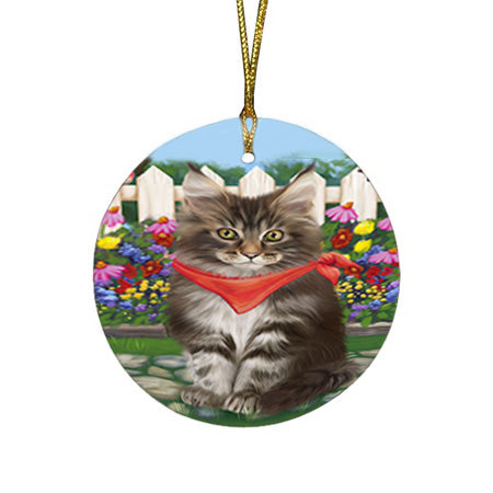 Spring Floral Maine Coon Cat Round Flat Christmas Ornament RFPOR52259